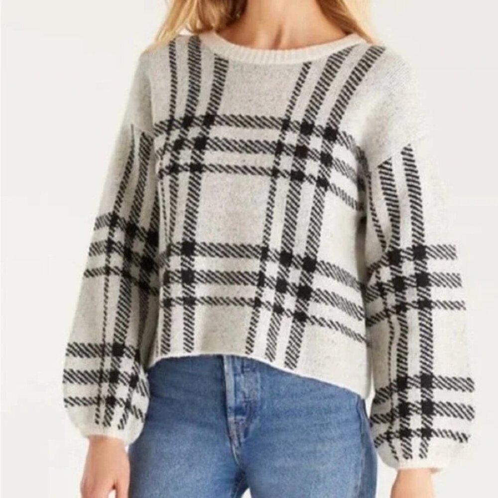 Z Supply Solange Plaid Cropped Crew Neck Knit Sweater White Black Size Medium
